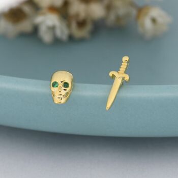 Mismatched Tiny Sword And Skull Stud Earrings In Sterling Silver, 2 of 10