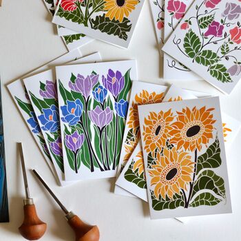 Linocut Joy Bloom Flower Notecards Set Of 12, 5 of 12