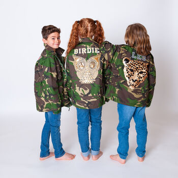 Gold Sparkly Owl Personalised Kids Camo Jacket, 3 of 8