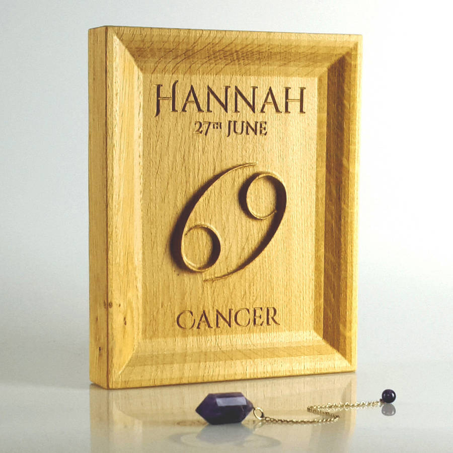 Cancer Zodiac Gift Carved In Solid Oak By the Handprint Carving Co