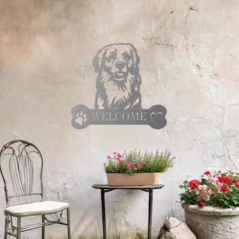 Customisable Golden Retriever Welcome Metal Wall Art Sign For Home And Garden Gift, 6 of 11