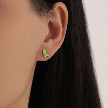 Sterling Silver Mismatched Enamel Budgie Stud Earring, 6 of 12
