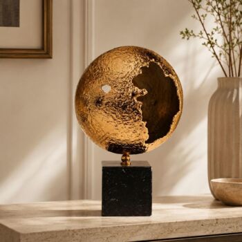 Textured Brass Sphere Sculpture On Black Marble Base, 12 of 12