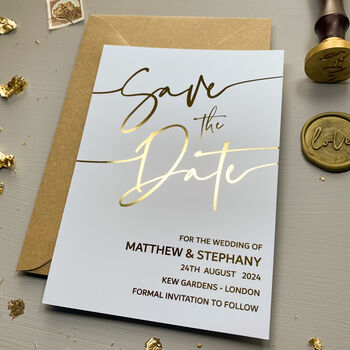 Personalised White Card Gold Foil Wedding Save The Date, 5 of 8