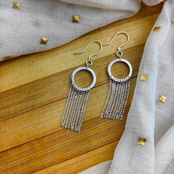 925 Silver Hollow Circle Chains Tassel Drop Earrings, 6 of 8