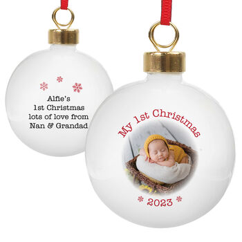 Personalised Baby's First Christmas Photo Bauble, 5 of 6