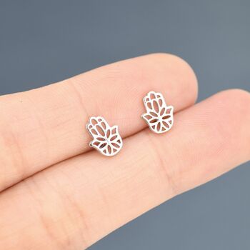 Hamsa Hand Stud Earrings In Sterling Silver, 2 of 11