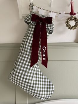 Personalised Green Gingham Stocking Velvet Bow, 5 of 7