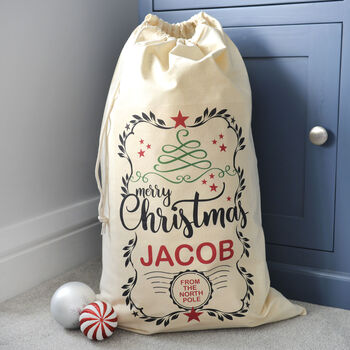 Personalised Christmas Wreath Style Cotton Sack, 2 of 2