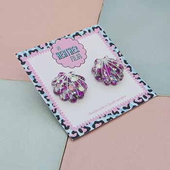 Sea Shell Glitter Resin Stud Earrings Pink, Blue And Coral, 3 of 12