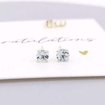 Solid 9ct Yellow Gold March Aquamarine Birthstone Stud Earrings, 3 of 6