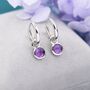 Sterling Silver Dangling Genuine Amethyst Hoop Earrings, thumbnail 2 of 11