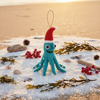 Christmas Octopus Fair Trade Handmade Felt Decoration, 8 of 9