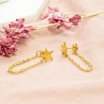Gold Plated Star Earrings With Chain Drop Detail, 3 of 8