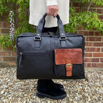 Black Premium Leather Travel Tote, Flight Bag, Gym Bag, 2 of 8