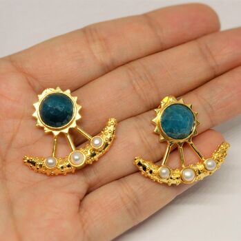 Blue Apatite, Pearl Gold Earrings, 6 of 6