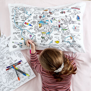 World Map Pillowcase Kit + 10 Pens, Colour In And Learn, 2 of 5
