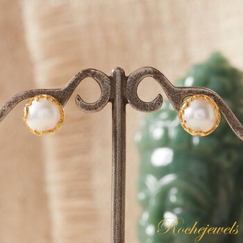 White Pearl Textured Gold And Silver Stud Earrings, 6 of 11