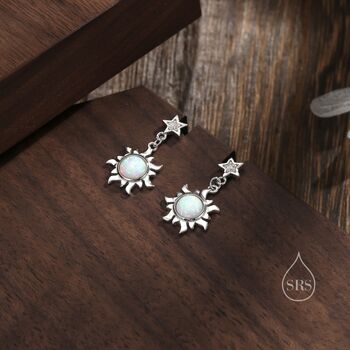 Sterling Silver White Opal Sun And Star Dangle Stud Earrings, 5 of 10