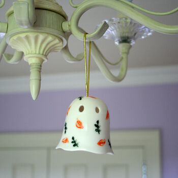 Ceramic Halloween Hanging Ghost Decoration With Autumn Leaves, 3 of 6