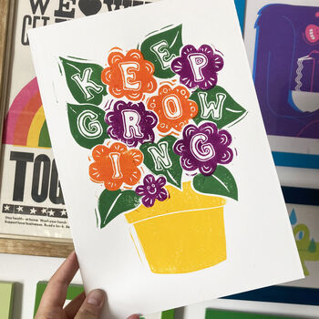 Keep Growing Flower Pot Linocut A4 Print, 6 of 11