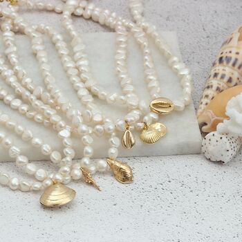 Pearl Choker Necklace With Gold Plated Seashell Charms, 3 of 11