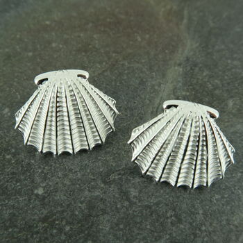 Clam Shell Silver Tone Stud Earrings, 2 of 4
