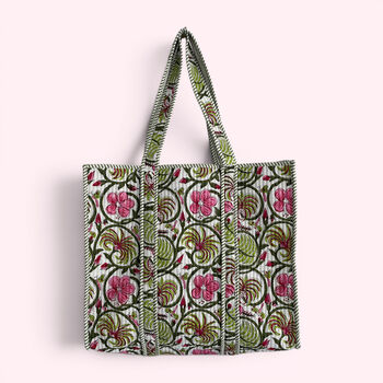 Green And Pink Floral Quilted Cotton Tote Bag, 5 of 5