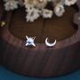Mismatched Moon And Starburst Stud Earrings In Sterling Silver With Lab Moonstone, thumbnail 3 of 11