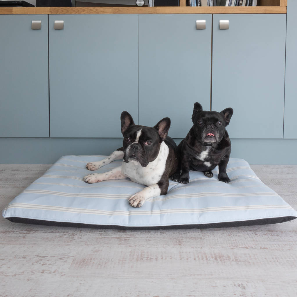 eastnor blue and grey stripe mattress dog bed by cottage in the hills