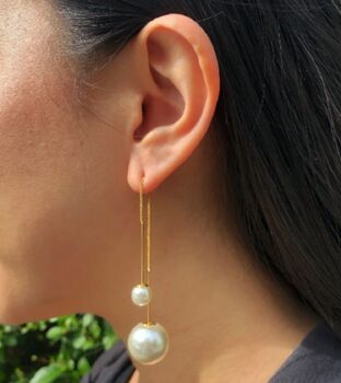 Rose Gold Plated White Pearl Threader Drop Earrings, 2 of 7
