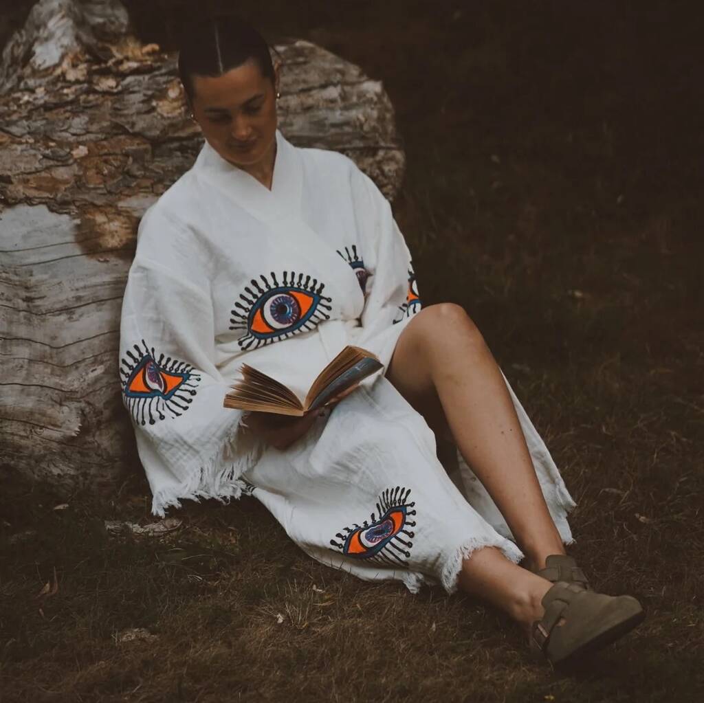 Long Organic Cotton Robe: White With Orange Eye, 1 of 5