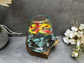 16cm Molten Glass Bowl On Teak Root Fruit And Nut Dish Wooden, 9 of 10