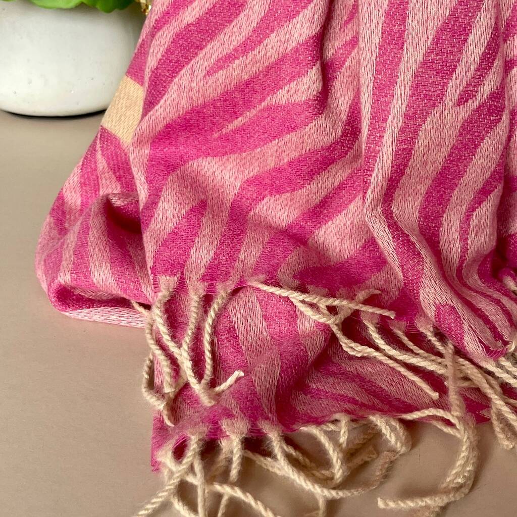 Zebra Print Scarf With Stripe In Fuchsia And Light Pink By Nest Gifts