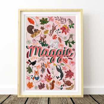 Personalised Pink Woodland Animal Name Print | Hand Painted Forest Nursery Wall Art | Baby Keepsake Gift, 2 of 11