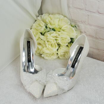 Ivory Shimmer D'orsay Wedding Heels With Bow, 6 of 7