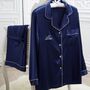 Personalised Matching Couples Christmas Navy Satin Pyjamas, thumbnail 4 of 5