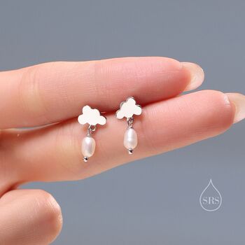 Sterling Silver Dainty Cloud And Natural Pearl Raindrop Stud Earrings, 6 of 11