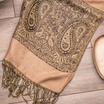 Luxurious Gold Paisley Border Pashmina With Tassels, 2 of 2