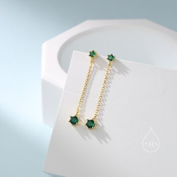 Emerald Green Cz Dangle Chain Stud Drop Earrings, 6 of 12