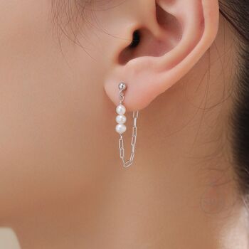 Sterling Silver Genuine Irregular Shape Pearl And Chain Earrings, 5 of 12