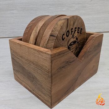 Light Wooden Coaster Set With Coffee Break Design, 3 of 6