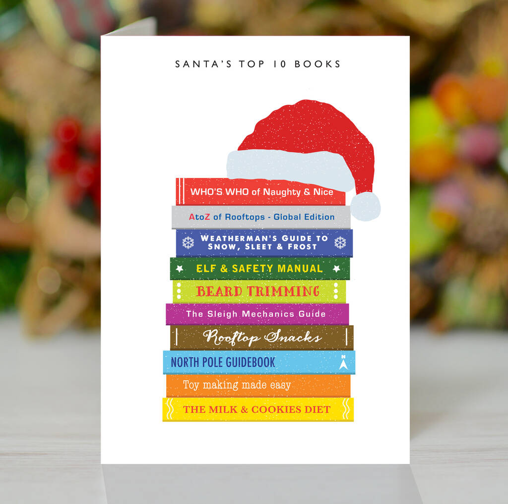 Santa's Top 10 Books, Christmas Card For Book Lovers By Loveday Designs