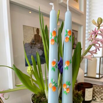 Hand Painted Pair Of Orange Blossom Taper Candles, 6 of 7