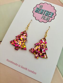 Pink And Gold Christmas Tree Glitter Resin Earrings / Pink Christmas Jewellery / Christmas Gift / Bold Sparkly Pink Holiday Accessory, 7 of 12