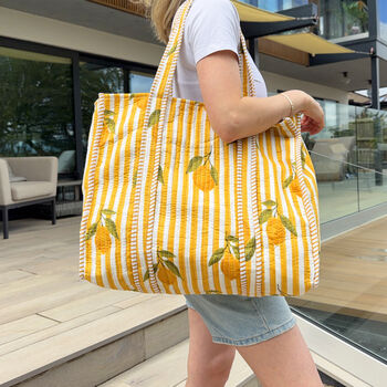 Tote Bag Cotton Yellow Lemon Quilted Beach Bag Shopper, 4 of 4