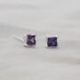 Sterling Silver Princess Cut Birthstone Earrings February Amethyst, thumbnail 1 of 5