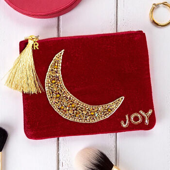 Personalised Velvet Beaded Moon Pouch With Initial Charm, 3 of 4