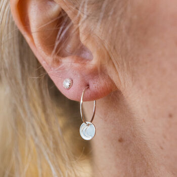 Sterling Silver Circle Open Moon Charm Hoops, 2 of 3
