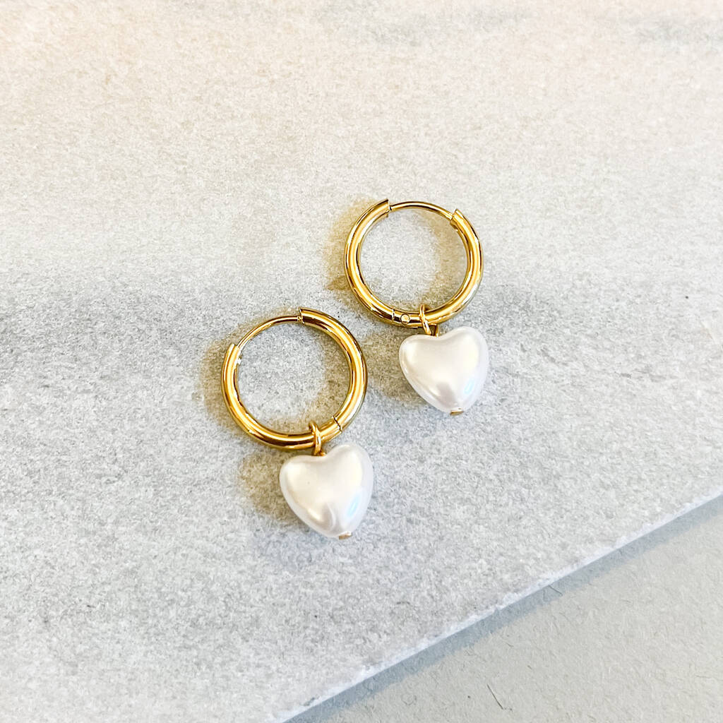 Romantic Pearl Heart Gold Hoop Earrings, 1 of 1